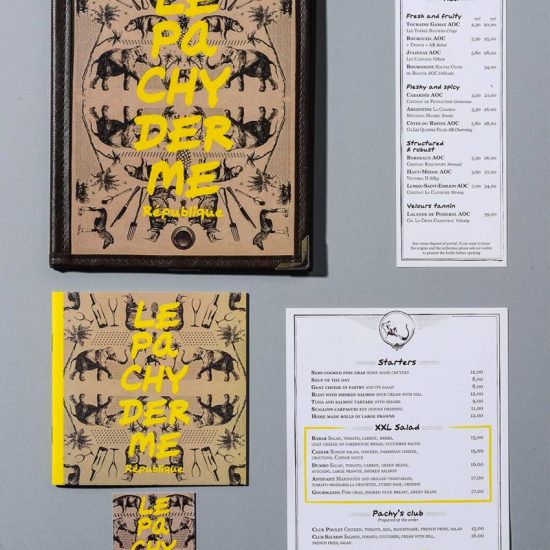 Le graphisme, les cartes des menus et l'identité visuelle ont été fait par le Studio Emma Roux pour la brasserie Le Pachyderme de Paris