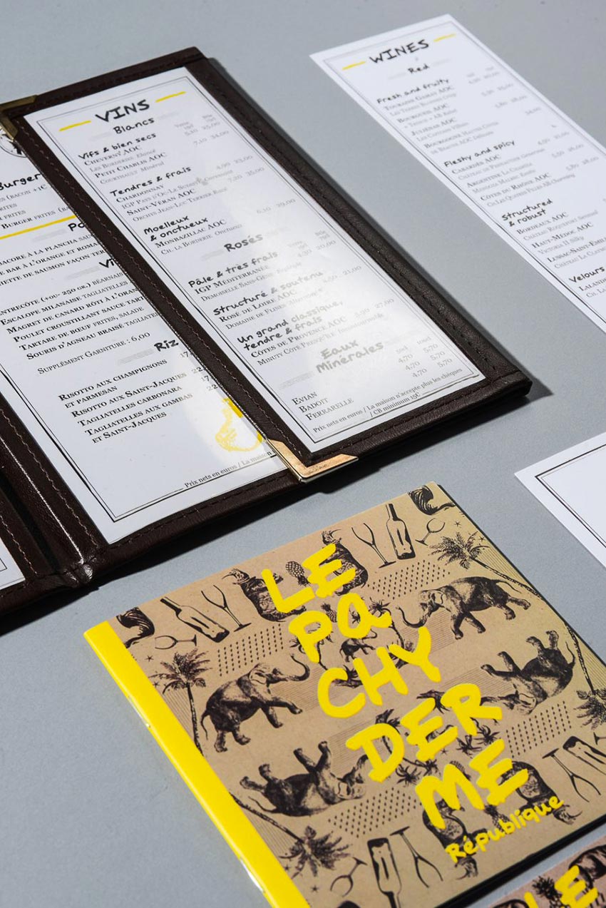 Le graphisme, les cartes des menus et l'identité visuelle ont été fait par le Studio Emma Roux pour la brasserie Le Pachyderme de Paris