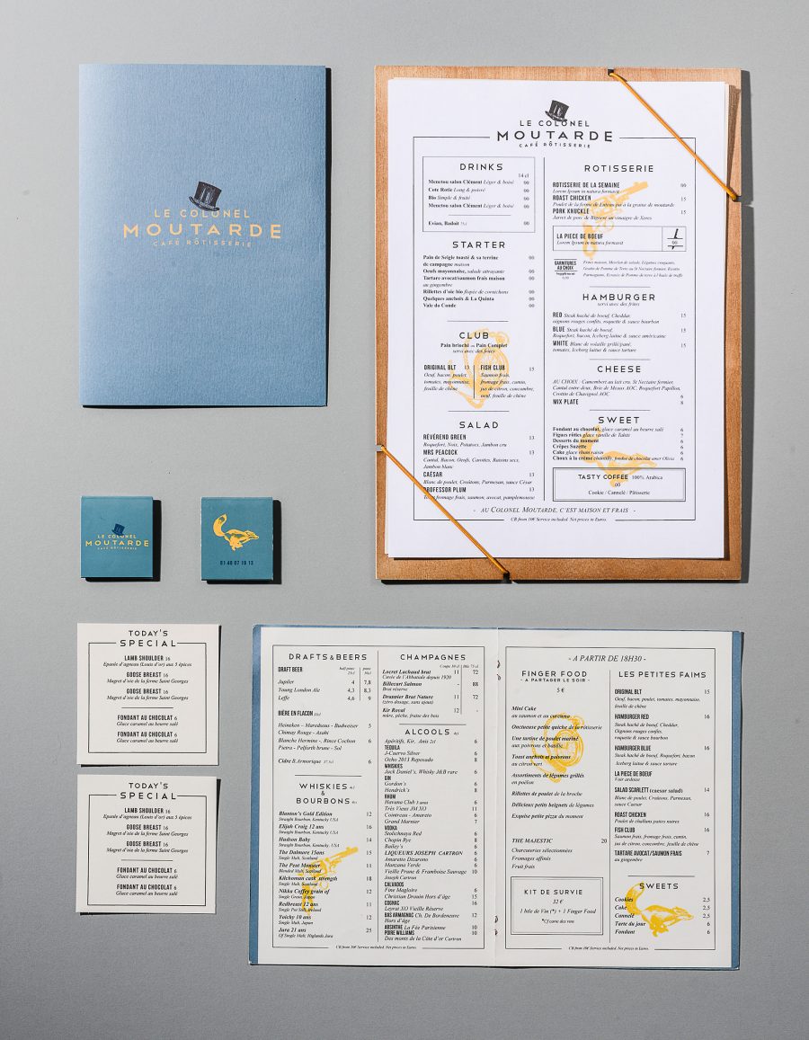 Le graphisme et l'identité visuelle ont été fait par le Studio Emma Roux pour le café Le Colonel Moutarde de Paris. Menus et carte de visite.